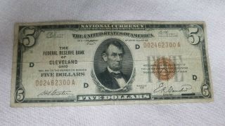 1929 Bank Of Cleveland Ohio 5 Dollar Bill