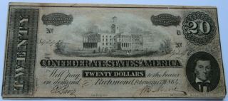 1864 $20 Confederate States Of America Note,  Civil War Currency Bill (310857h)