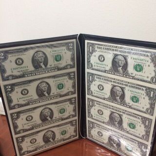 Uncut Sheet Of 4 $1 One Dollar Bills & 4 $2 Two Bills Bank Notes Currency Binder