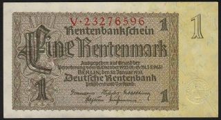 1937 1 Rentenmark Germany Vintage Nazi Old Money Banknote 3rd Reich P 173b Unc