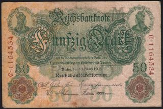 1906 50 Mark Germany Rare Old Vintage Paper Money Banknote Currency P 26b F