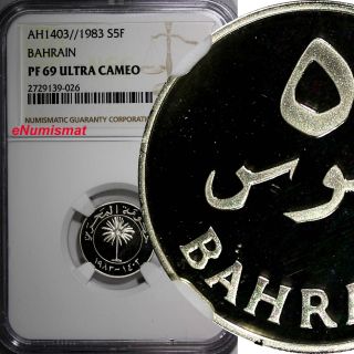 Bahrain Silver Proof Ah1403//1983 5 Fils Ngc Pf69 Ultra Cameo Top Graded Km 2a