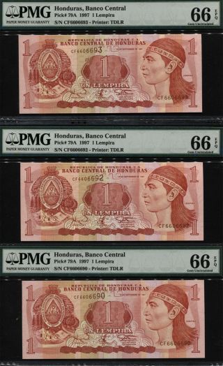 Tt Pk 79a 1997 Honduras 1 Lempira - Banco Central Pmg 66 Epq Gem Set Of Three
