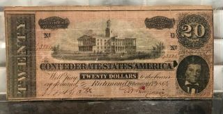 1864 $20 Dollar Bill Confederate States Richmond Currency Civil War Note Money