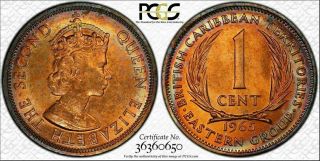 1965 EAST CARIBBEAN STATES ONE CENT PCGS MS62RB COLOR TONED COIN IN 2