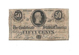 Orig.  1864 Confederate " 50 Cents " Note Fine,