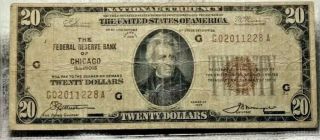1929 $20.  Fr - 870g Federal Reserve Bank Of Chicago,  Ill Sm.  Brown Seal Note Vg
