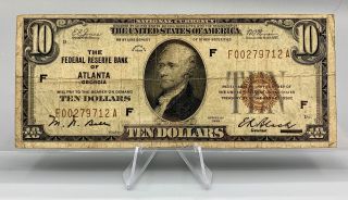 1929 $10 Federal Reserve Bank Of Atlanta Georgia Note Frn Paper Money Currency