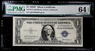 1935 F One Dollar Silver Certificate,  Pmg 64 Choice Uncirculated,  Epq Fr 1615.