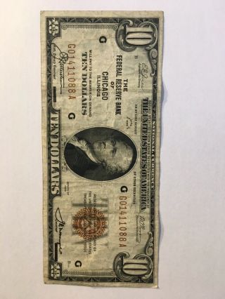 1929 Us $10 National Currency Note.  Bank Of Chicago.  Brown Seal.  G01411088a