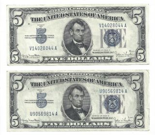 Two 1934 - D $5 Silver Certificates Fr 1654 Crisp Au Blue Seal