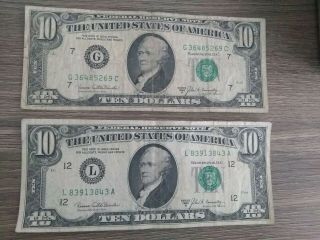 (2) 1969 - B $10 Federal Reserve Note Ten Dollar Bills Rare - Circulated
