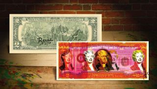 Marilyn Monroe Red Rency Pop Art $2 Bill Signed By Artist /70
