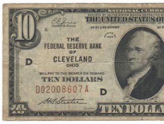 1929 $10 Federal Reserve Bank Of Cleveland Ohio Brown Seal Note Bill Fr - 1860 D