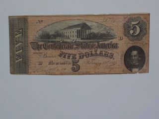 Civil War Confederate 1864 5 Dollar Bill Richmond Virginia Paper Money Note Csa