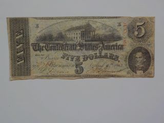 Civil War Confederate 1863 5 Dollar Bill Richmond Virginia Paper Money Note Csa