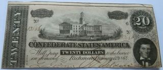 1864 $20 Confederate States Of America Note,  Civil War Currency Bill (310852h)