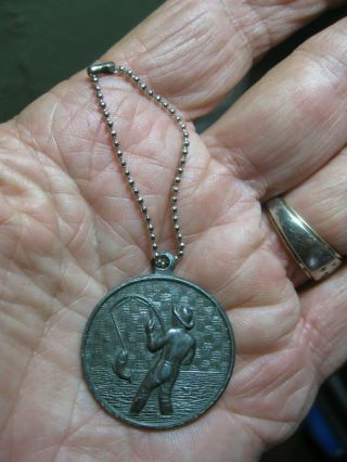 Vintage Good Luck " Man Catching A Fish " Token Medal On Bead Ball Chain Fishing