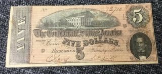 1864 $5 The Confederate States & United States Of America Five Dollars,  Plate - G