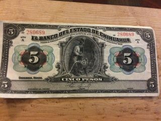 1913 El Banco Del Estado De Chihuahua Cinco Pesos