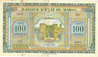 Morocco 100 Francs Currency Banknote 1944