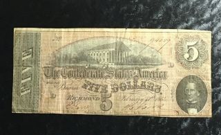 $5 1864 Five Dollars Csa Confederate Currency Civil War Note Bill Old Us Money