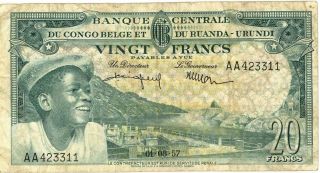 Belgian Congo 20 Francs Currency Banknote 1957