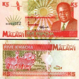Malawi 1995,  5 Kwacha /zebras,  Banknote Unc