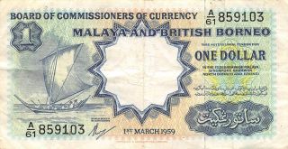 Malaya $1 1.  3.  1959 Series A/61 Waterlow Print Circulated Banknote Lb10