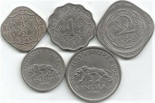 British India,  George Vi,  Set Of 5 Coins Of 1946,  Anna 1/2,  1,  2 & Re 1/4 & 1/2