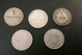 Scarce Group Of 5 German 1 Mark Coins 1924 - 25.  Uncommon Dates Good Grade