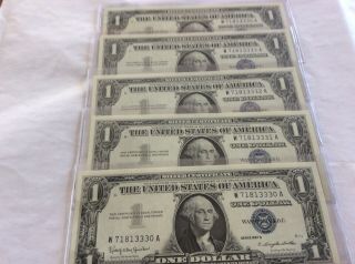 5 One Dollar 1957 Silver Certificates Consecutive And Uncirculated