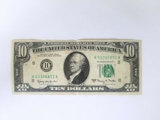 1963 A $10 Ten Dollar Bill,  Federal Reserve Note,  Serial H53396851a