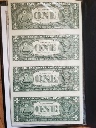 Uncut Sheet of 4 One Dollars (4 x $1) US Currency Notes Pack of 3 5
