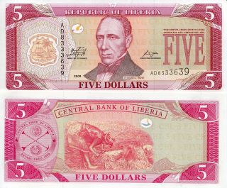 Liberia 5 Dollars Banknote World Paper Money Unc Currency Pick P26e 2009 Bill