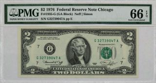 1976 $2 Federal Reserve Note Chicago Ga Block Fr.  1935 - G Pmg 66 Gem Un Epq (047a)