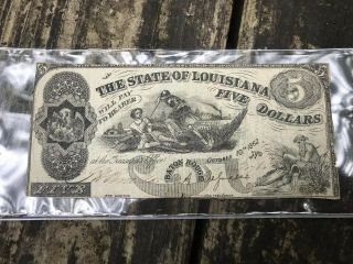 Antique 1862 State Of Louisiana $5 Bill Obsolete Currency Baton Rouge