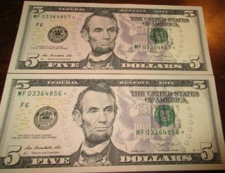 $5 Five Dollar Bill Star Notes - Rare - 2 Consecutive Numbers - 2013 Series - $10 Face