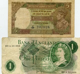 India Reserve Bank 5 Rupees & England 1 Lb.  Paper Money Notes.  Starts@ 2.  99