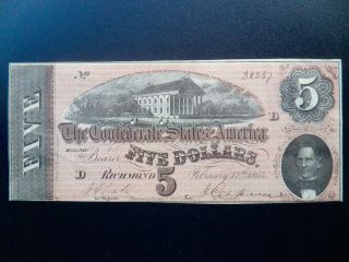 1864 Civil War Confederate States Of America $5 Richmond Note Bill