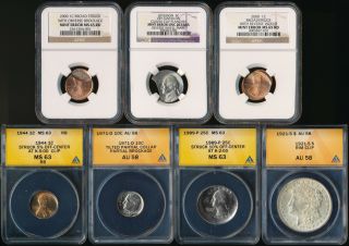7 Anacs 1¢ To $1 Errors Off - Cntr Broadstrk Clipped Brockage Tilted & More Nors