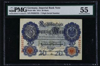1914 Germany Imperial Bank Note 20 Mark Pick 46b Pmg 55 About Unc