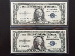 2 Consecutive 1935 G $1 Dollar Bill,  Silver Certificate (blue Seal) Uncirculated
