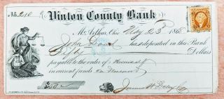 1868 Vinton County Bank Macarthur Ohio Bank Check Dog Vignette