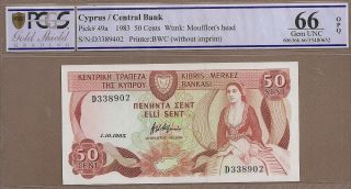 Cyprus: 50 Cents Banknote,  (unc Gem Pcgs67),  P - 49a,  01.  10.  1983,