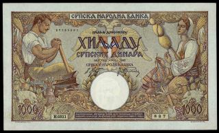 Serbia German Occupation Wwii 1000 Dinara 1942 Xf,  Pick 32a Rare Banknote