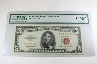 United States $5 1953 - 63 Legal Tender Note In Pmg Unc Holder Fr.  1532 - 1536