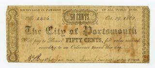 1862 50c The City Of Portsmouth,  Virginia Note - Civil War Era