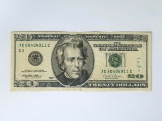 1996 $20 Twenty Dollar Bill,  Federal Reserve Note,  Serial Ac80404911c C3
