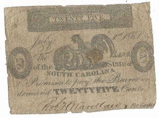 Csa Bank Of South Carolina Fractional Bank Note,  25 Cents,  July 1 1861circulated
